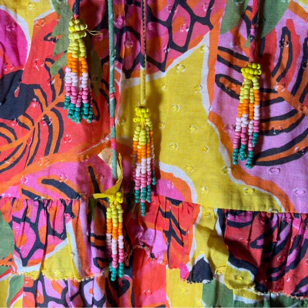 Farm Rio • Ruffle Mini Dress • Yellow Fruit Dream • XS • Beaded Tassels • $180 - Picture 10 of 14